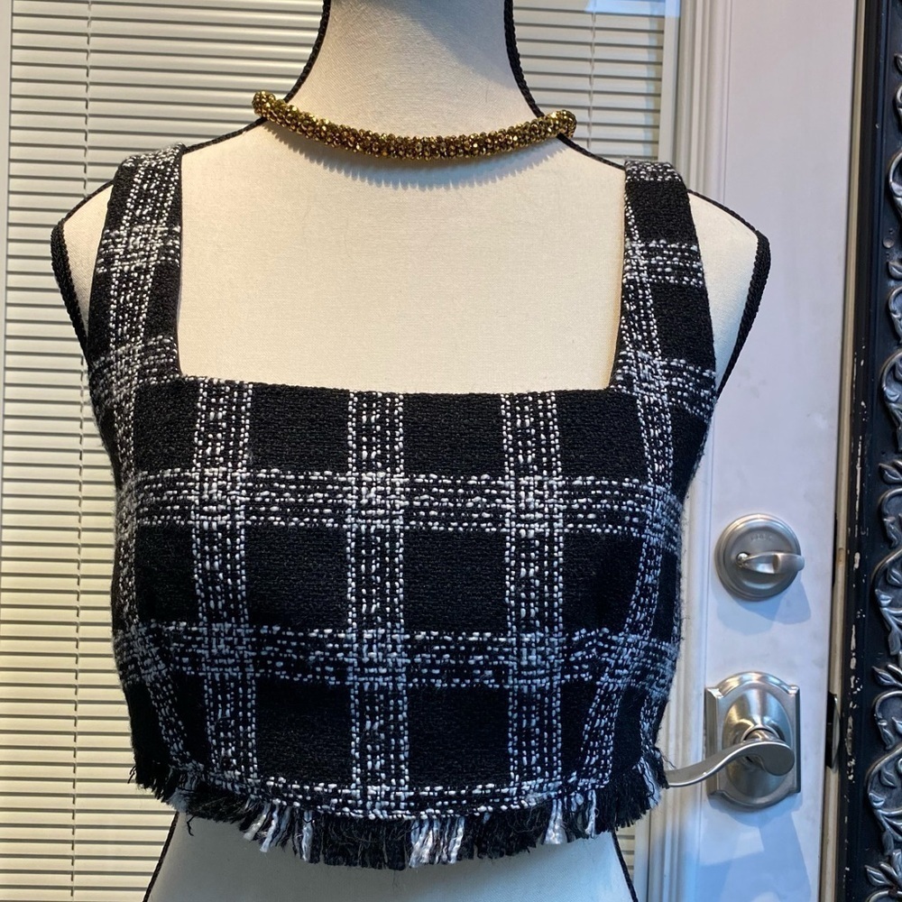 House of Harlow 1960 Black & White Plaid Checkered Frayed Hem Crop Top medium